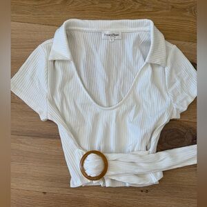 Privacy Please White Ribbed Blouse with Belt
